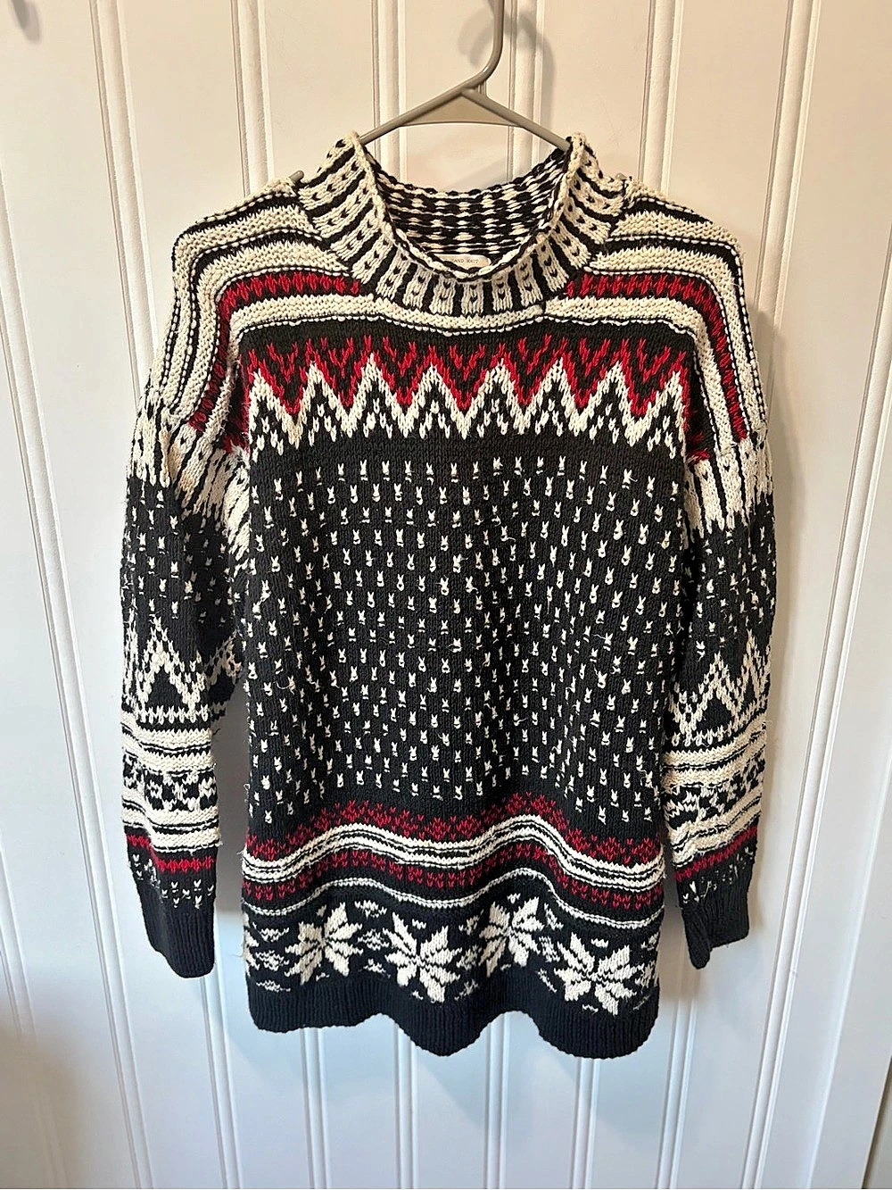 VTG Jones New York Sport Hand Knit Fair Isle Sweater M Ramie Cotton Chunky Mock